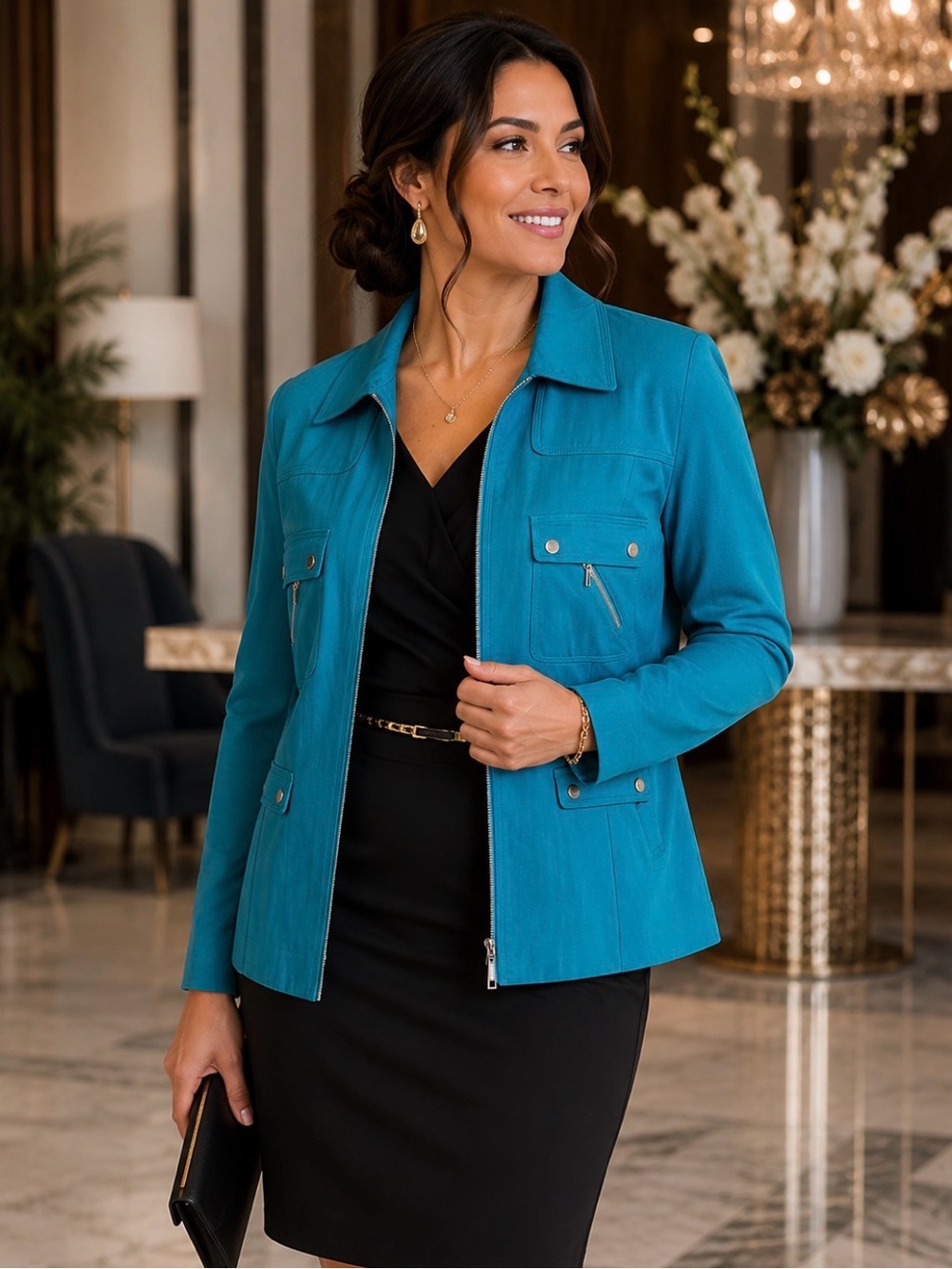 Peter Nygard Teal Zip Front Jacket XL Career Office Blazer Lightweight